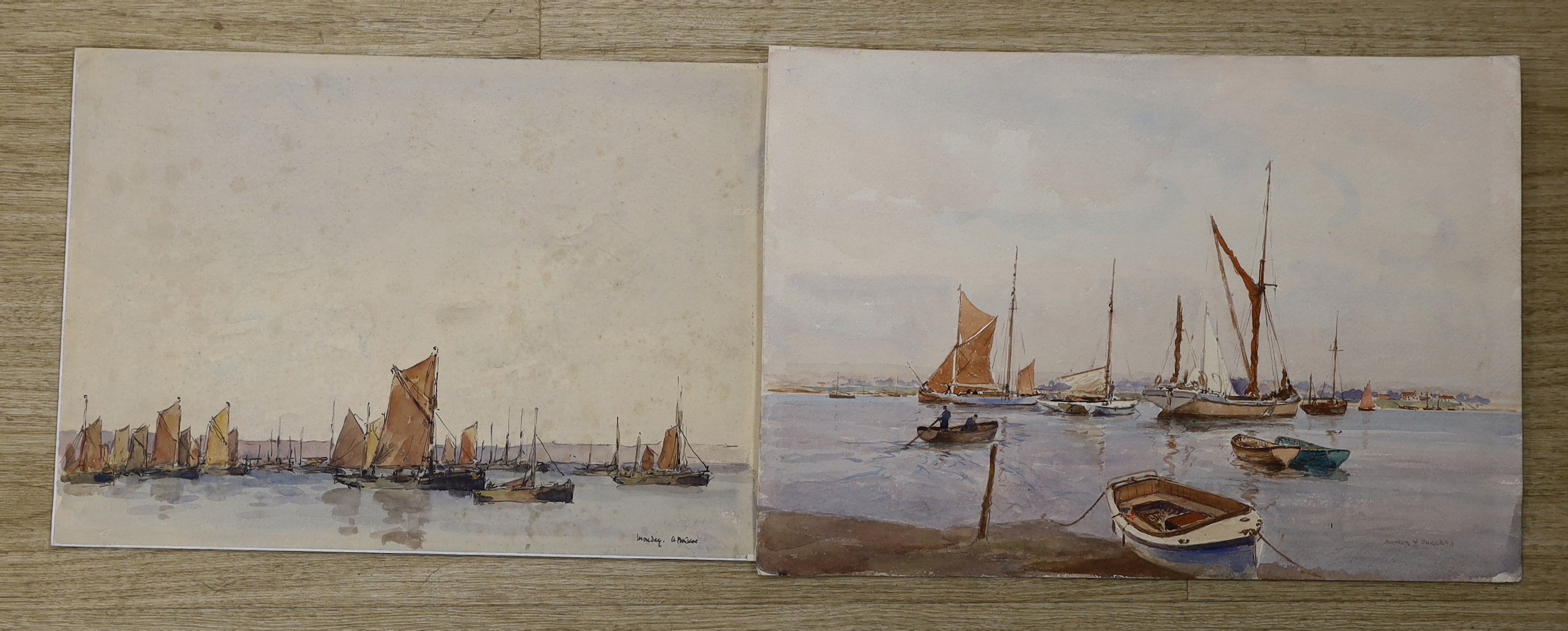 Arthur Burgess RI, ROI (1859-1957) , watercolour, 'Weekend Afloat' and 'Monday A. Briscoe', signed and dated 1944, 27 x 38cm and 25 x 35cm, unframed
